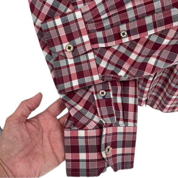 Ted Baker Burgundy/Gray Plaid Check Button Up Business Casual Shirt  Size 5/ XL - Picture 7 of 15